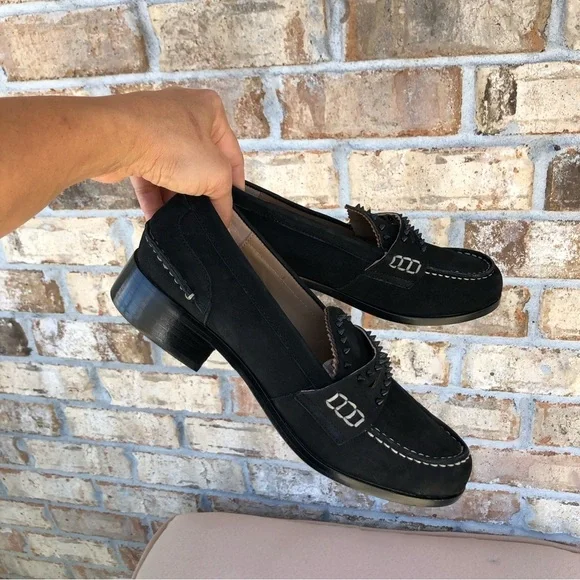 True Ivy Leather Black Ally Nubuck Studds Details Penny Slip On Loafer 8M - Picture 11 of 15